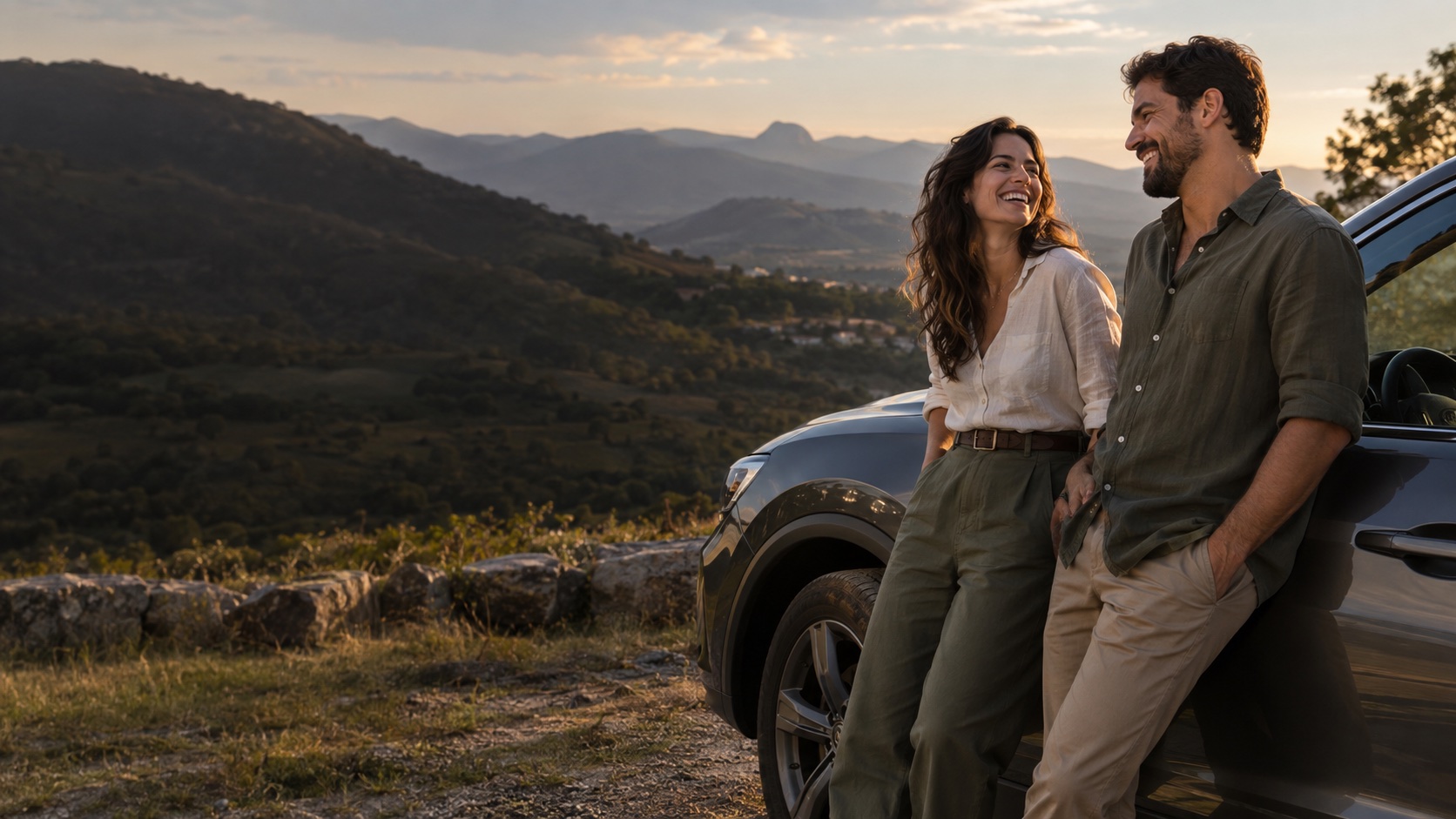 Casal ao lado de um carro, aproveitando o fim de tarde entre as montanhas